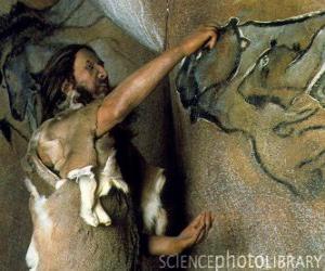 yapboz Bir tarih öncesi sanatçı bir mağarada resim bir mağaranın duvarında bir bufalo temsil fark dışından bir dinozor tarafından gözlenmektedir süre